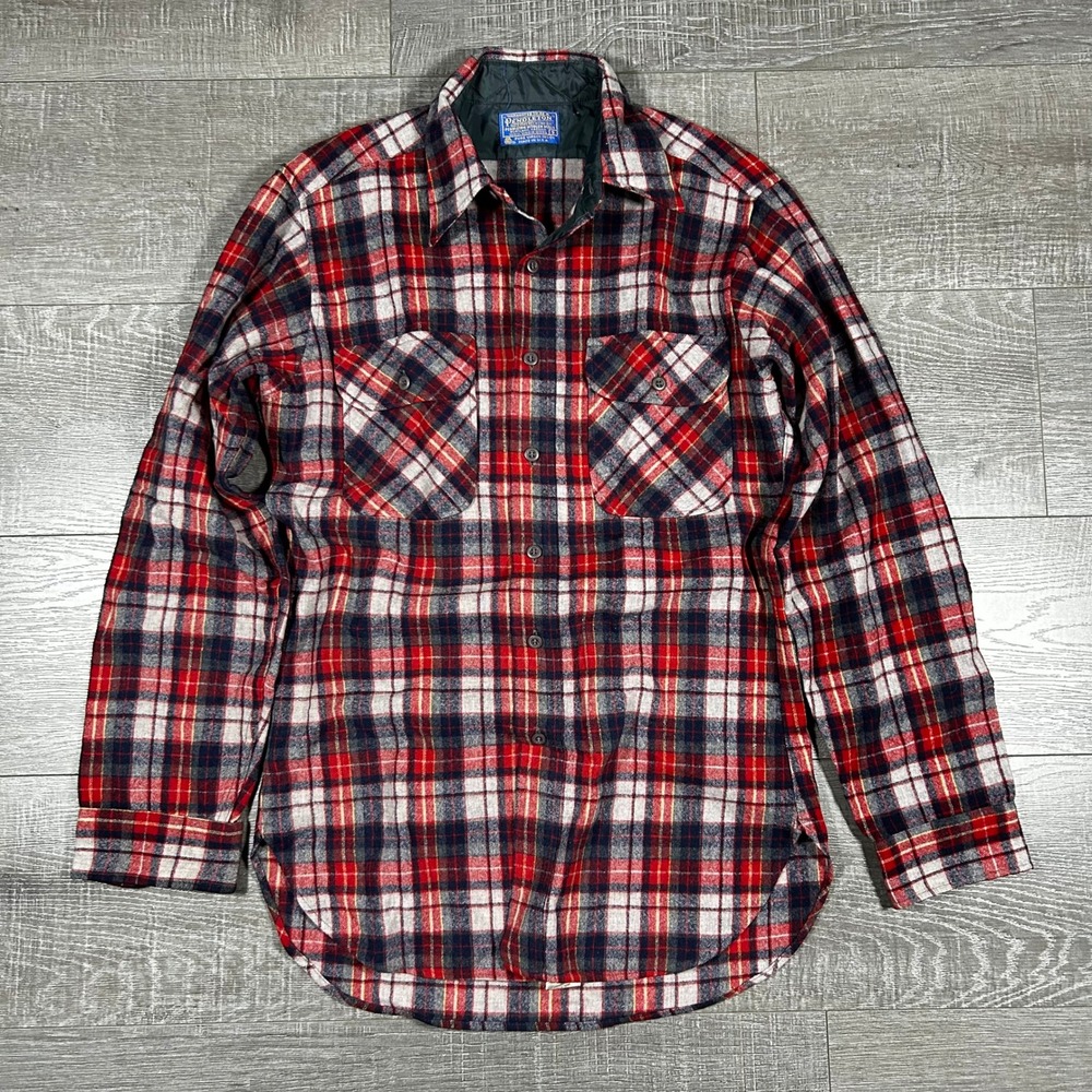 Vintage Pendleton Wool Flannel Shirt Mens Small Red White Blue Plaid Made in USA
